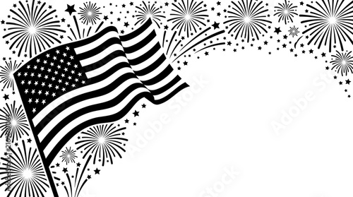 American flag waving with fireworks and stars graphic silhouette