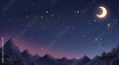 A horizontal stylized digital illustration depicting a calm mountain ridge beneath a deep blue night sky. A glowing crescent moon shines brightly in the upper right, accompanied by twinkling stars and
