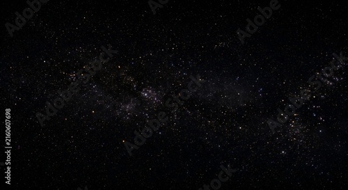 A realistic, high-contrast panoramic view of the deep cosmos. Thousands of tiny, brilliant white and pale-blue stars along with distant star clusters are scattered across the pitch-black celestial can