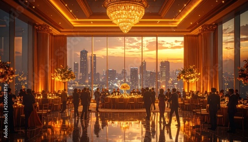 Luxury Hotel Lobby City Skyline Sunset.