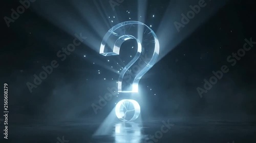Question mark symbol emerging from shattered glass geometry in a dark cinematic motion video background for professional business presentations