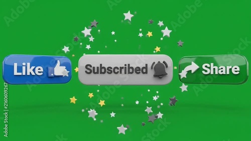 Like subscribe and share buttons floating on green screen background 3d animation video motion design clip isolated overlay media
