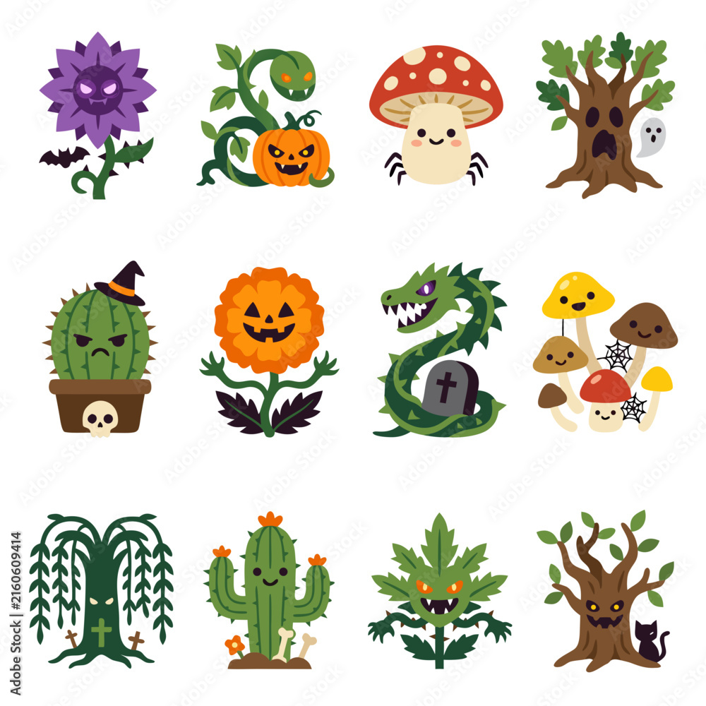 Naklejka premium Vector illustration set of Halloween plant monsters, carnivorous vine, spooky tree, mushroom spider, haunted cactus, and jack-o'-lantern flower isolated on white background. Magical spooky garden crea
