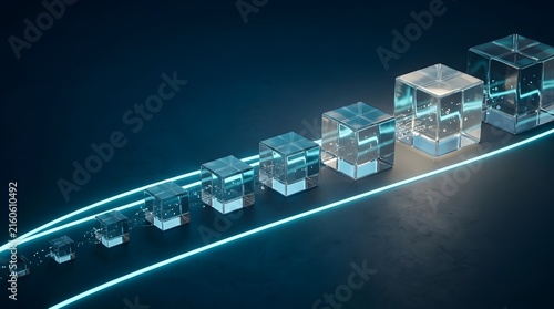 Digital representation of business growth featuring transparent glass cubes of ascending size on a dark surface with neon blue glowing light lines and particle effects.