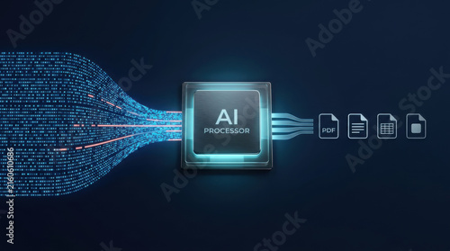 Tapety artystyczne AI processor turning binary data stream into multiple document formats