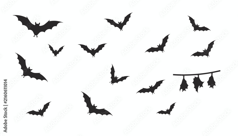 Fototapeta premium Comprehensive spooky collection of realistic black bat silhouettes flying and hanging against a clean white background.