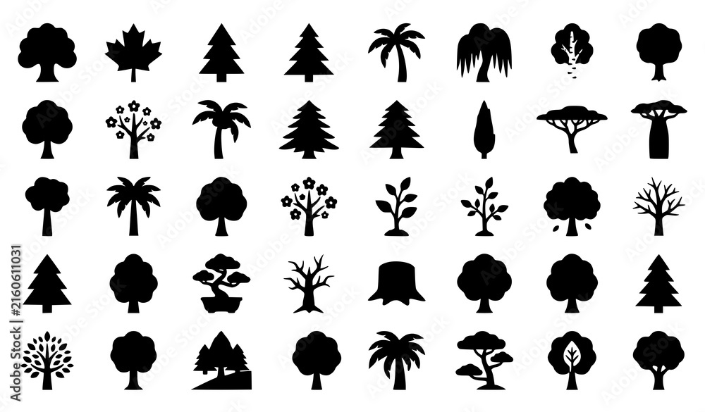 Obraz premium Flat Vector Trees Icon Set with Modern Pictogram Style Nature and Forest Symbols