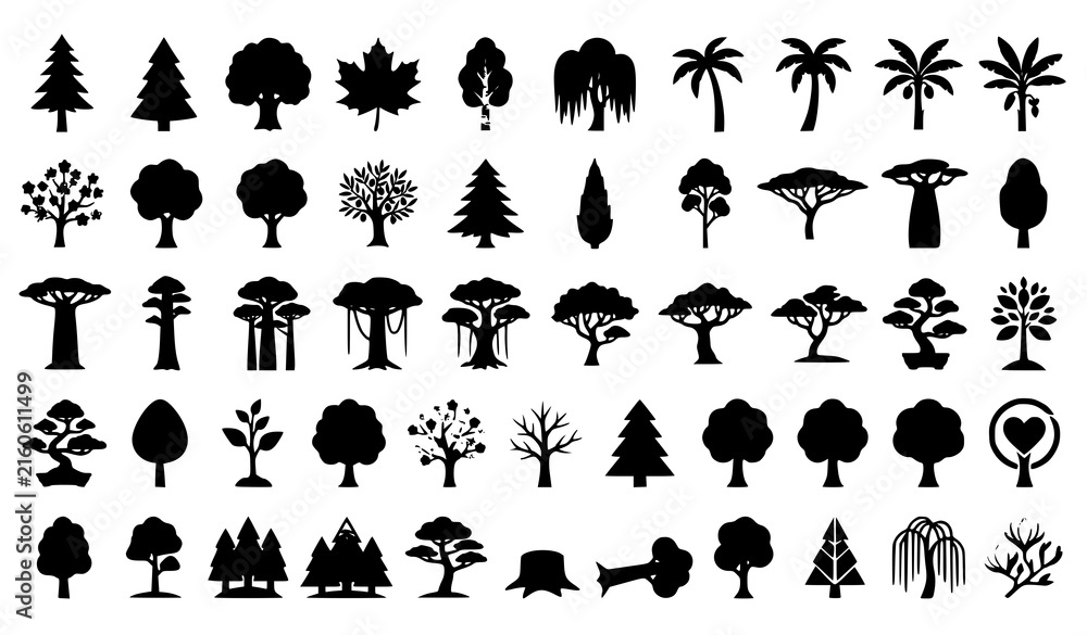 Fototapeta premium Modern Flat Tree Pictograms Vector Collection with Forest Evergreen Tropical and Fruit Tree Icons
