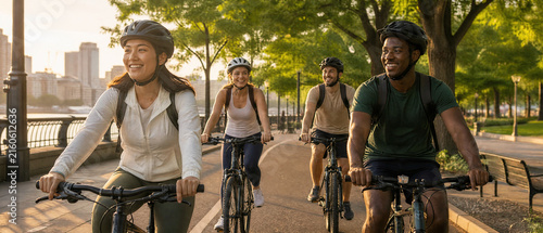Smiling diverse adults cycling along sunny urban waterfront park path with trees, skyline, and relaxed outdoor lifestyle energy