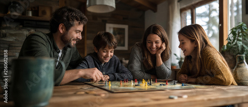 Family board game at wooden table, smiling adults and children enjoying indoor leisure activity beside bright window