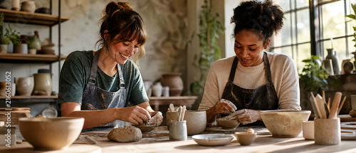 Two female artisans shape clay in sunlit pottery studio, sharing cheerful teamwork beside shelves, tools, bowls, and handmade ceramic vessels