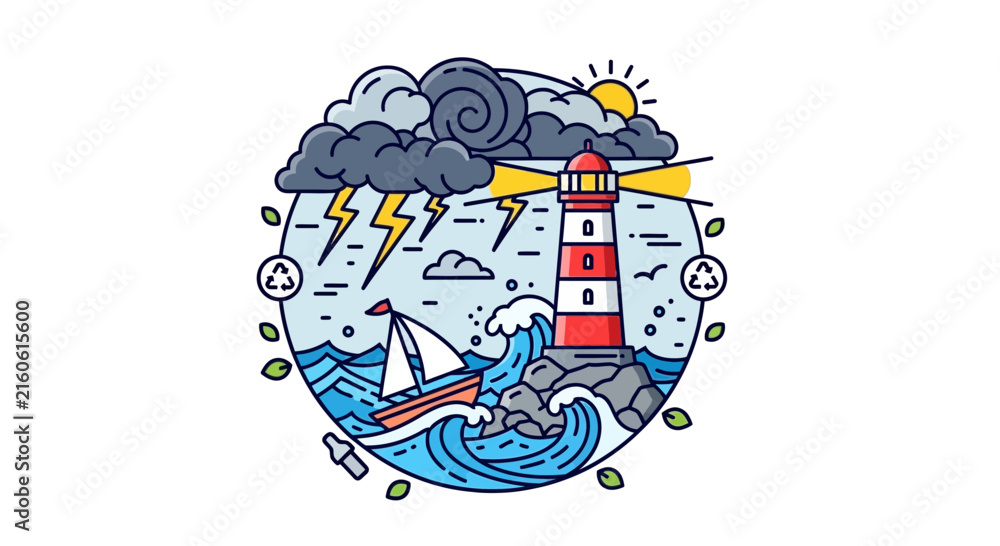 Obraz premium stormy weather lighthouse, sea and boat