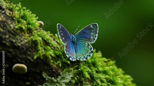 Blue butterfly perched on vibrant green moss in soft forest light