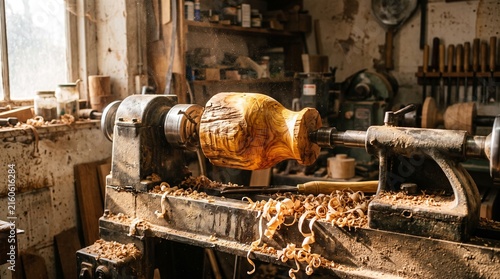 Woodturning lathe shaping a wooden vessel in a workshop setting
