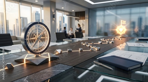 Futuristic Glowing Compass on a Modern Boardroom Table with a Digital Path Leading to a Success Goal Flag, Blurred Business Professionals in a High-Rise Office Meeting Background.
