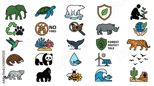 Wildlife and renewable energy environmental icons set