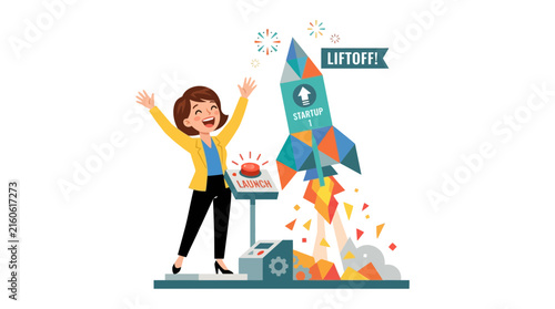 Woman cheering for startup rocket launch and liftoff success.