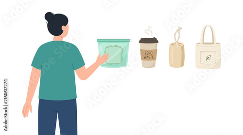 Woman choosing reusable containers and sustainable shopping bags.