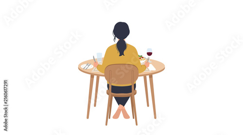 Woman dining at table back view flat illustration.