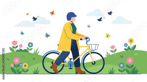 Woman cycling on path through scenic wildflower meadow.