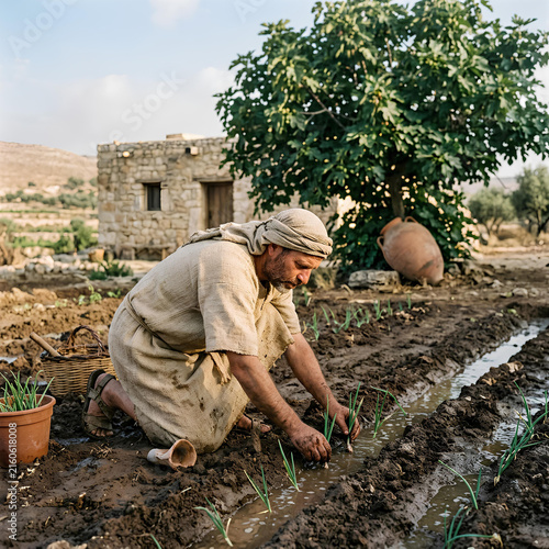 Ancient farmer planting seedlings in muddy field traditional agriculture Middle East village