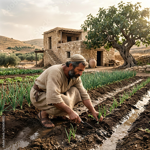Ancient Farmer Tending Crops Near Stone House Middle Eastern Village