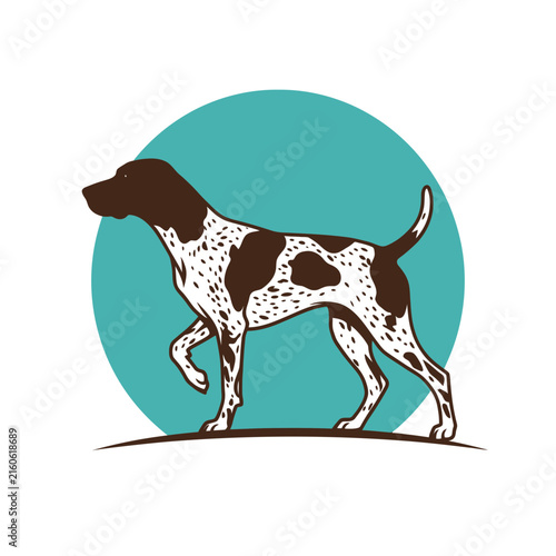 Spotted dog profile against teal circle.