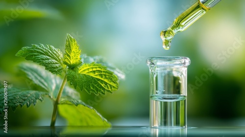 Dropper adding chemical sample to test tube with herbal plant extract for biotechnology research and natural extract laboratory analysis