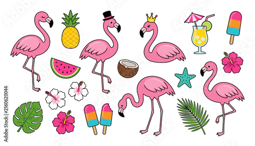 Tropical Pink Flamingo and Summer Beach Elements Vector Icon Set with Pineapple Watermelon Popsicles Hibiscus Flowers and Palm Leaves for Party Festive Designs