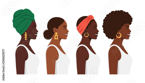 Diverse Black African American Women Profiles Vector Set with Various Hairstyles Including Turban Headwrap Low Bun Headband and Afro Hair for Female Empowerment Designs