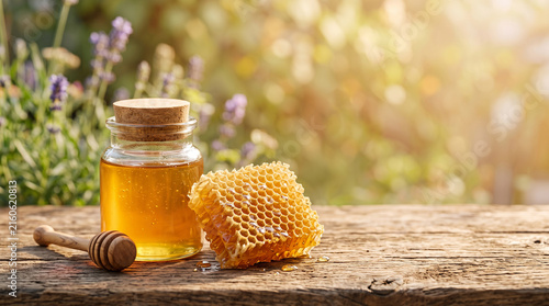 Natural Honey Jar and Fresh Honeycomb on Wooden Surface