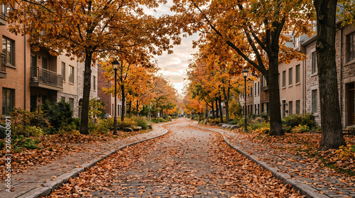 Quiet Autumn Street Covered with Fallen Leaves