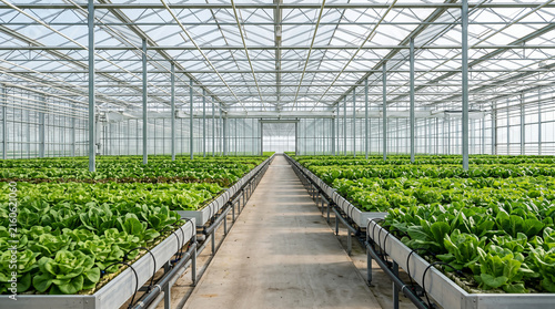 Modern Greenhouse with Rows of Healthy Vegetable Plants
