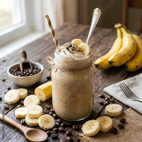 Banana Smoothie with Whipped Cream and Coffee Beans on Rustic Wooden Table