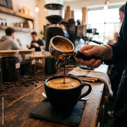 Barista pouring fresh espresso into a cup at a cozy coffee shop