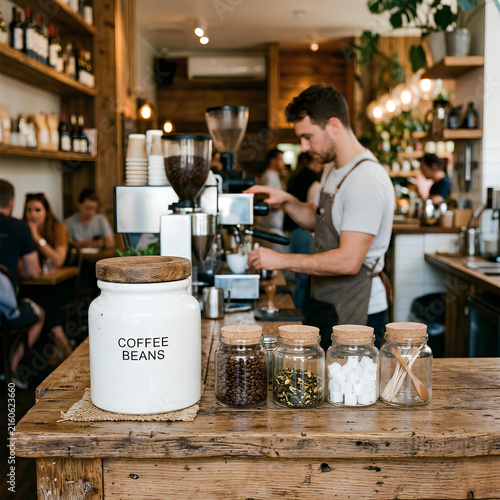 Barista preparing coffee in a cozy cafe coffee beans jar on counter