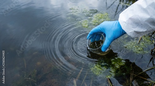 Gloved hand collecting water sample from algae covered pond surface, environmental testing concept