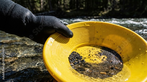 Gloved hand panning for gold sediment in yellow pan by river stream, prospecting and mining concept