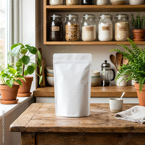 Blank white pouch bag on rustic wooden table with plants and kitchen background