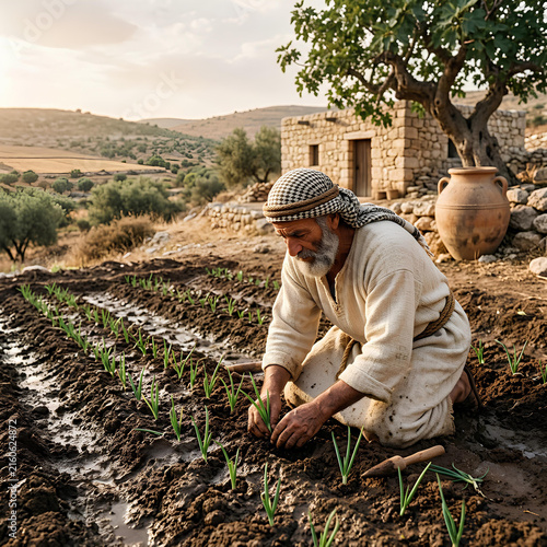 Biblical Farmer Planting Seedlings in Ancient Field at Sunrise