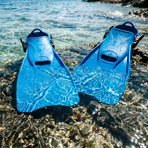 Blue Snorkel Fins on Rocky Shoreline with Clear Water