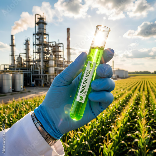 Bioethanol production Hand in glove holds test tube with liquid near cornfield and refinery