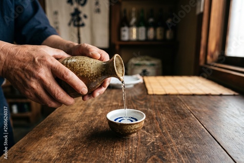 Obraz w ramie 風情ある陶器の徳利からお猪口へ日本酒を注ぐ