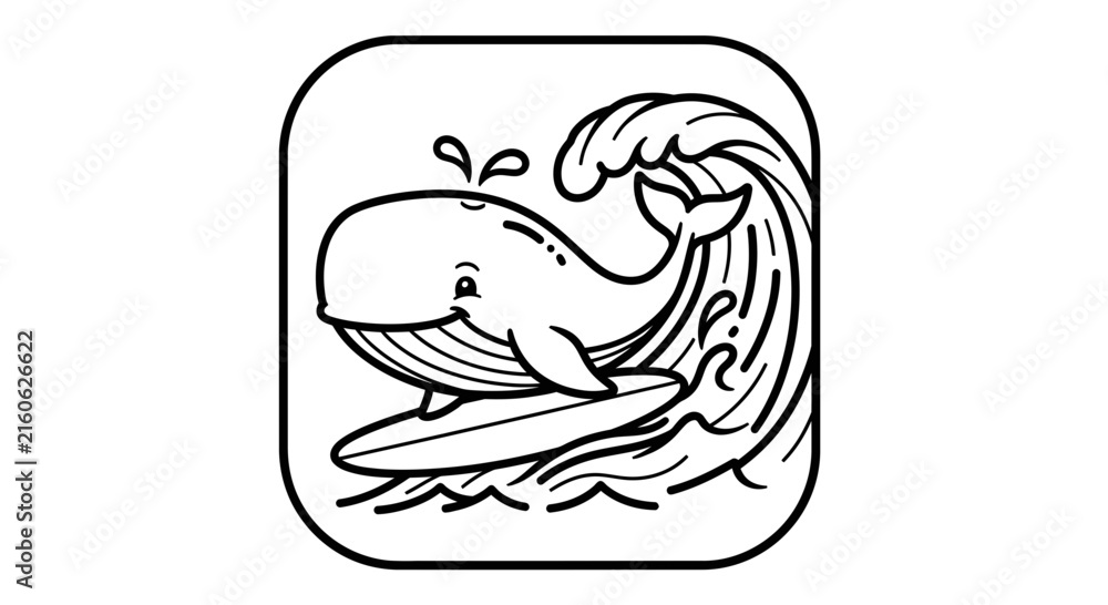 Fototapeta premium whale surfing on wave, cartoon animal