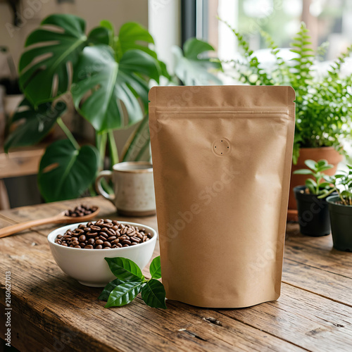 Brown paper coffee bag mockup with roasted beans and green plants on wooden table