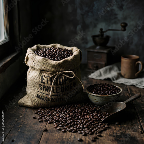Burlap sack overflowing with roasted coffee beans next to a vintage grinder