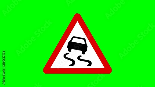 Animated slippery road warning sign with skidding car icon and green screen chroma key background