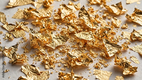 Crumpled shiny gold leaf flakes scattered on white background surface
