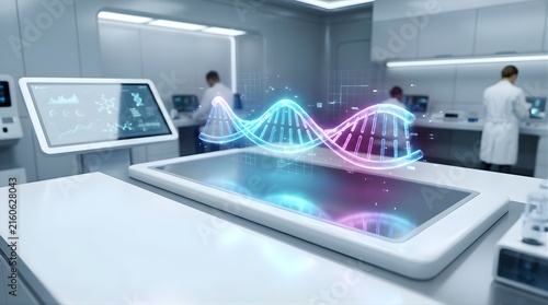Holographic DNA helix floating in a modern high-tech research laboratory