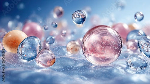 Microscopic biological cell molecule 3D render, suspended spherical particles, biomedical cosmetic science abstract backdrop